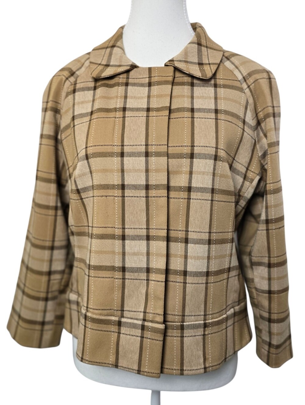 Bob Mackie Studios Brown & Tan Plaid Bolero Jacket – 3/4 Sleeve Cropped Size 10